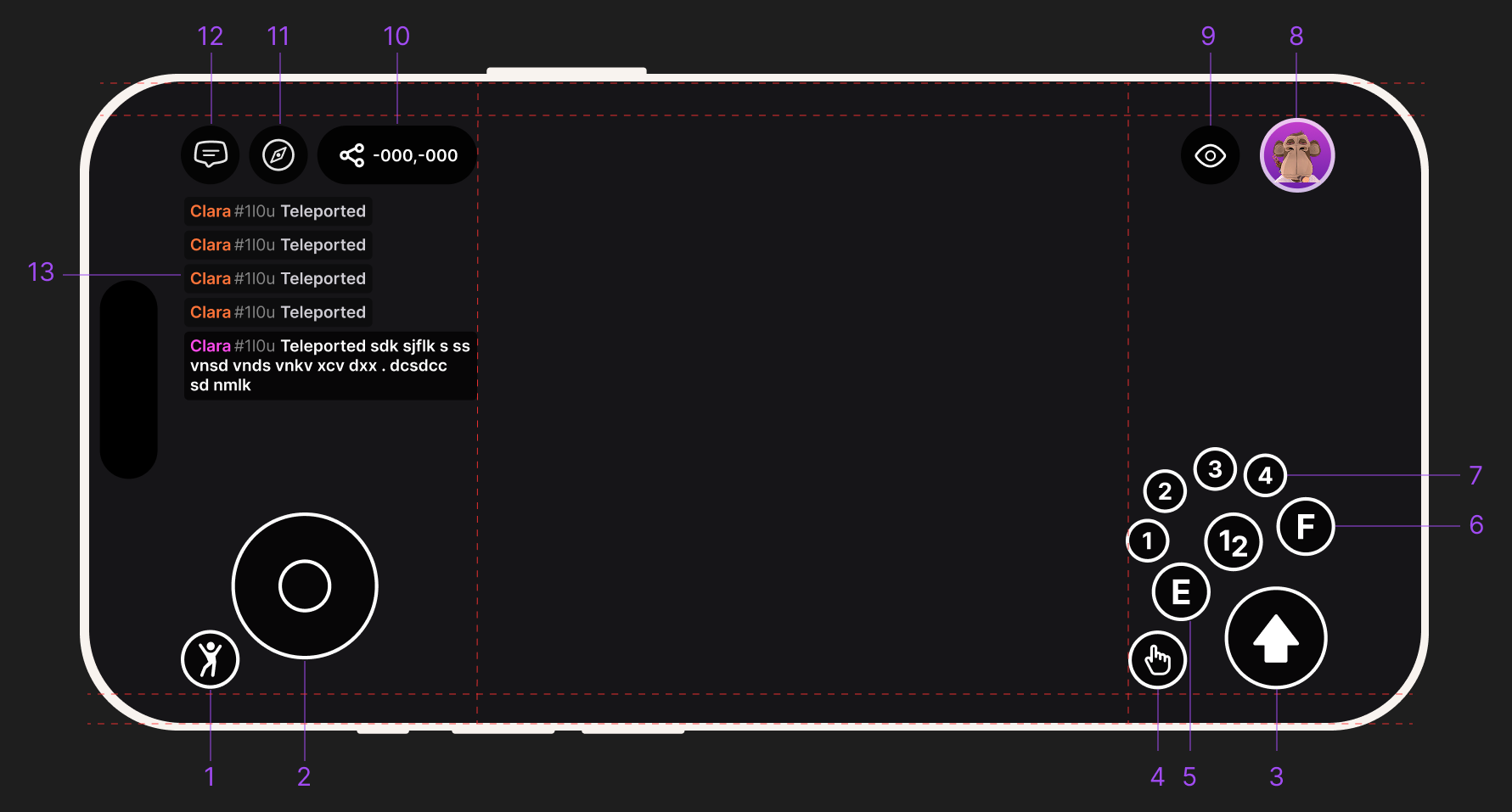 Mobile in-world HUD with controls labeled
